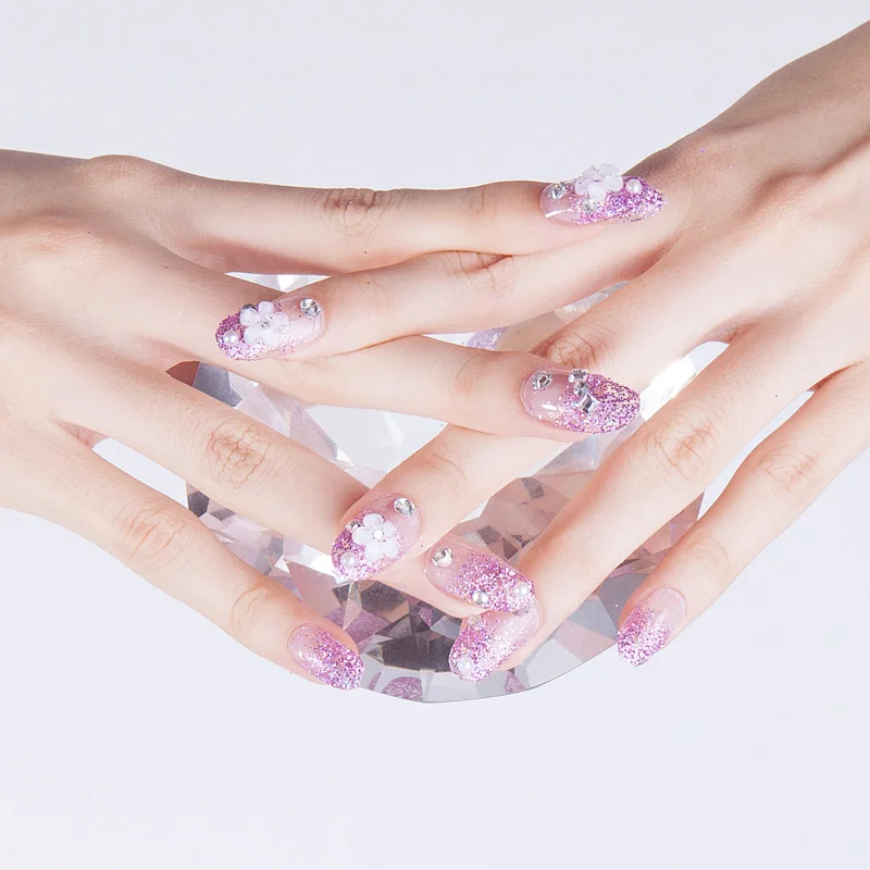 

Shining purple pure color with flower decoration 3d fake nails Cute decorated bride false nails french lady full nail tips
