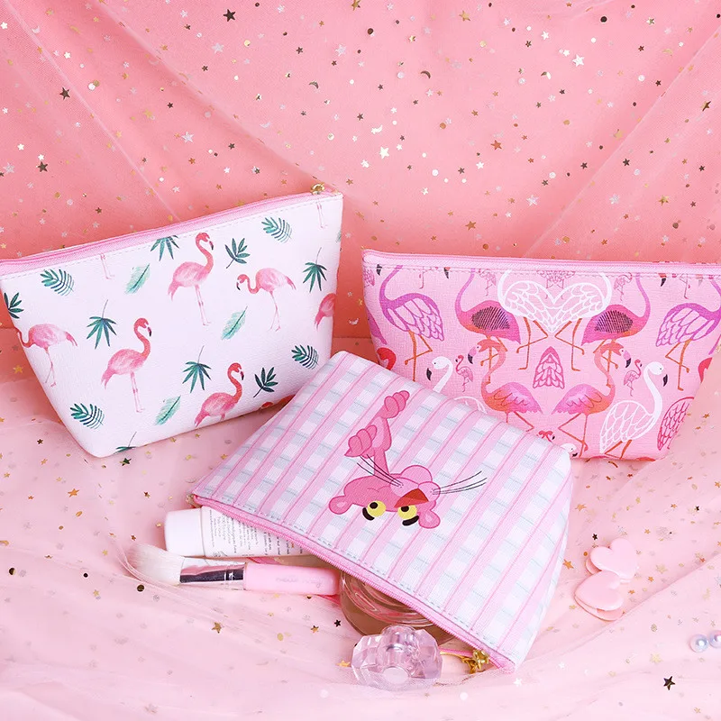 

Portable Cartoon Flamingo Makeup Bags Coin Storage Case Travel Make up PU Pouch Cute Cosmetic Bag For Women Toiletry Wash Bags