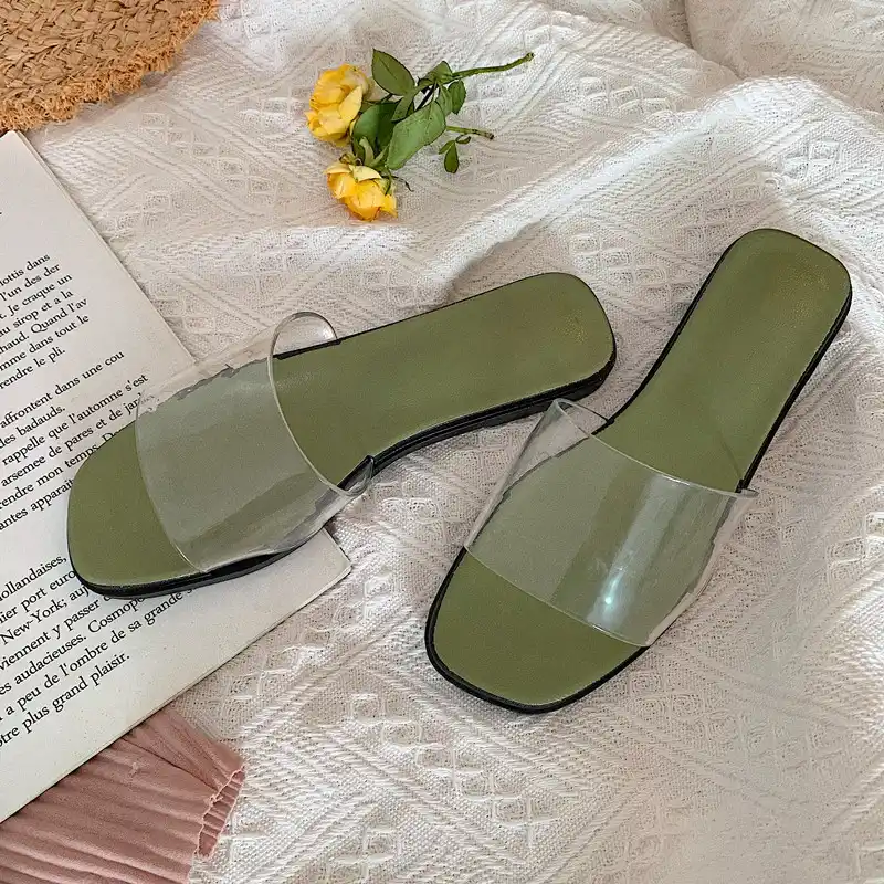 Women Pvc Transparent Leather Flat Slippers Ladies Peep Toe Slip