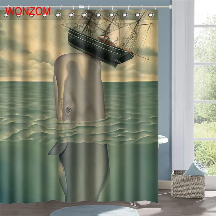 WONZOM 3D лодка КИТ занавеска для душа с 12 крючками для ванной комнаты декор Современная Ванна Водонепроницаемая штора аксессуары для ванной комнаты