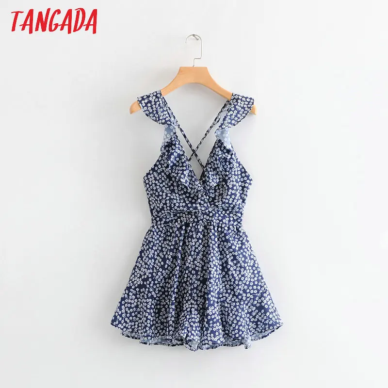 

Tangada women floral print playsuits spaghetti strap v-neck ruffles overalls backless cross bow elastic waist SY236