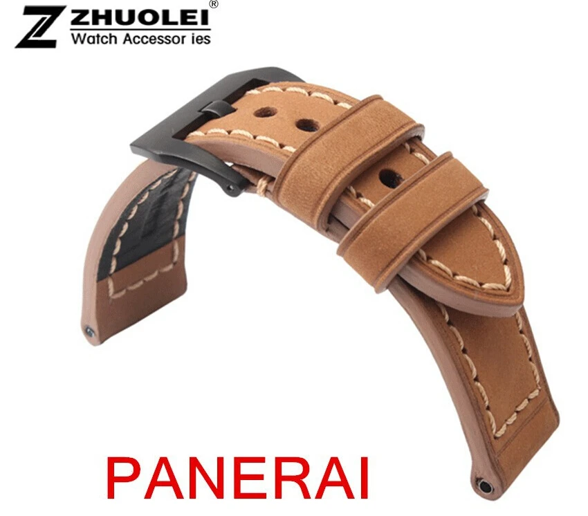 24mm 22mm Buckle PILOT Rivet Style Genuine Leather Watch Band Strap Deployment Clasp For Brand