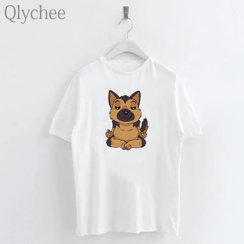 Qlychee Harajuku женские футболки с принтом медитирующего щенка вырезом лодочкой и