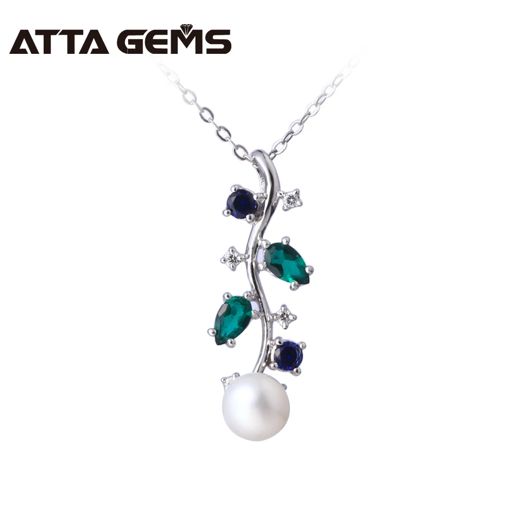 

Natural Pearl And Emerald Sapphire Silver Pendant Round 6.5mm Pearl And Side Stone Sapphire And Emerald For Women