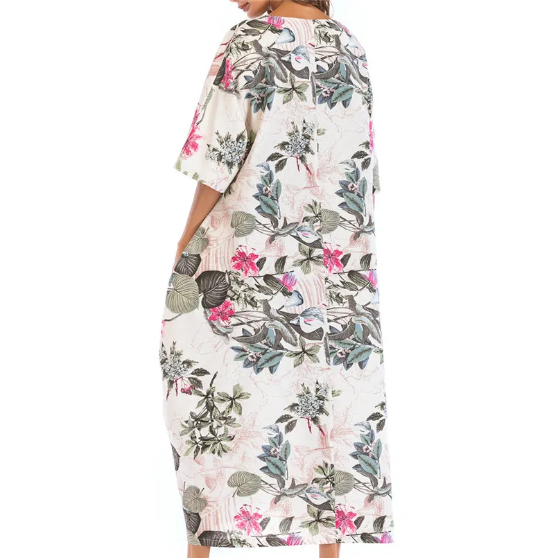  New Women Summer Bohemian Cotton Linen Printed  O-neck Half Sleeve Long Plus Size Long Dresses Elegant Lady Holiday Dress #4R08 (5)