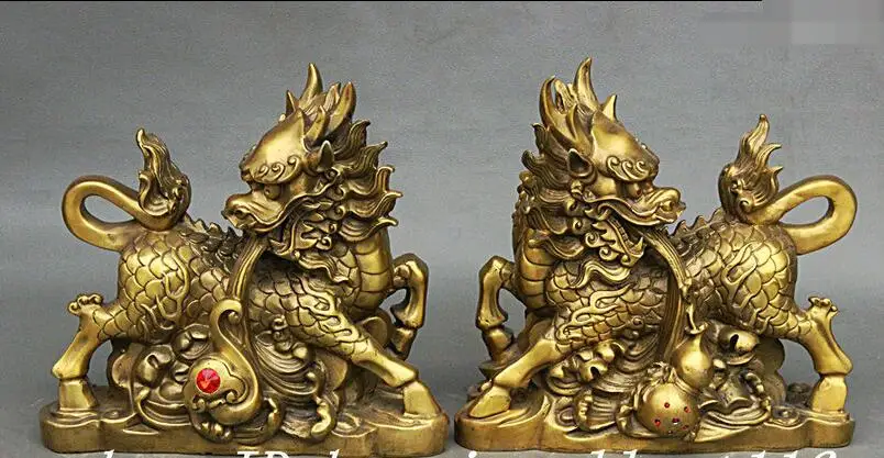 

Chinese FengShui Pure Brass Dragon Kylin Unicorn Spit RuYi Gourd Statue Pair