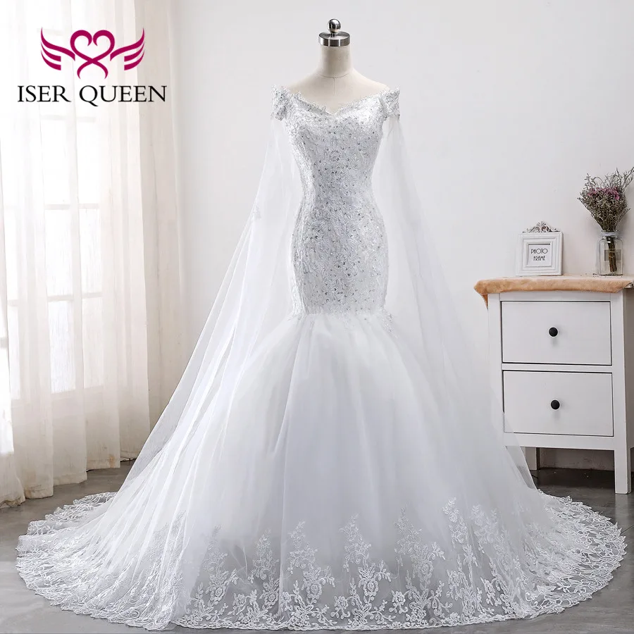 

Cap Sleeve Lace Mermaid Wedding dresses 2019 New Pure White Plus Size Appliques Embroidery Bride Dress WX0011