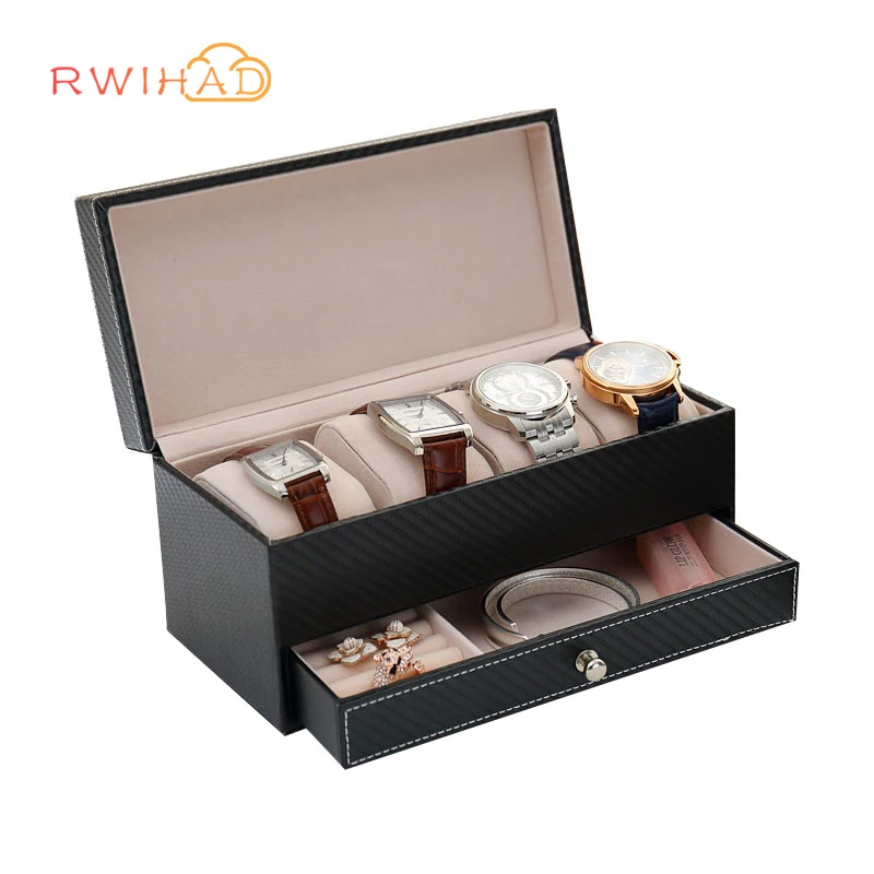 

Adventure leather Jewelry Box 4 grid watch case with drawer makeup organizer jewelry Casket storage box organizador Container