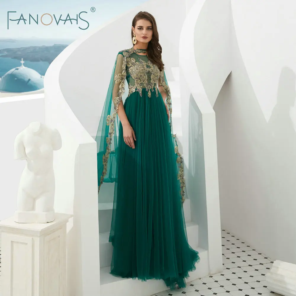 Зеленые вечерние платья с Мыс тюль Арабские Vestido De Fiesta длинные Вечерний Robe de Soiree