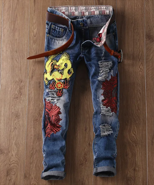New Patchwork Ripped Patches Men Jeans Slim Fit Eagle Embroidered Denim