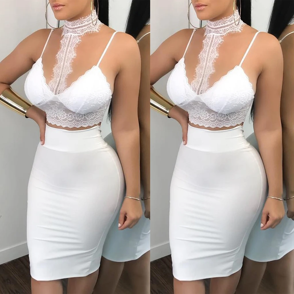 2019 летний комплект из двух предметов Для женщин Bodycon Короткое мини-платье кружева V Neck Crop Топы Юбки клуба вечерние платья vestidos mujer