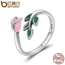 BAMOER Authentic 925 Sterling Silver Rose Flower Tree Leaves Enamel Female Finger Rings for Women Engagement