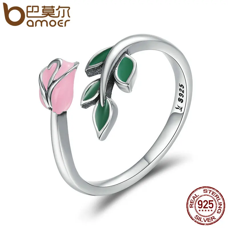 BAMOER Authentic 925 Sterling Silver Rose Flower Tree Leaves Enamel Female Finger font b Rings b