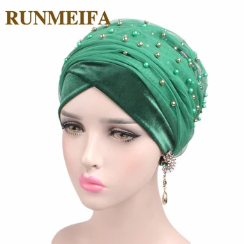 

New Arrival Mesh Velvet Pearl Muslim Headscarf Ruffle Hijab Elegant Turban Soft Comfortable Beanies Head Wrap Mother Hat