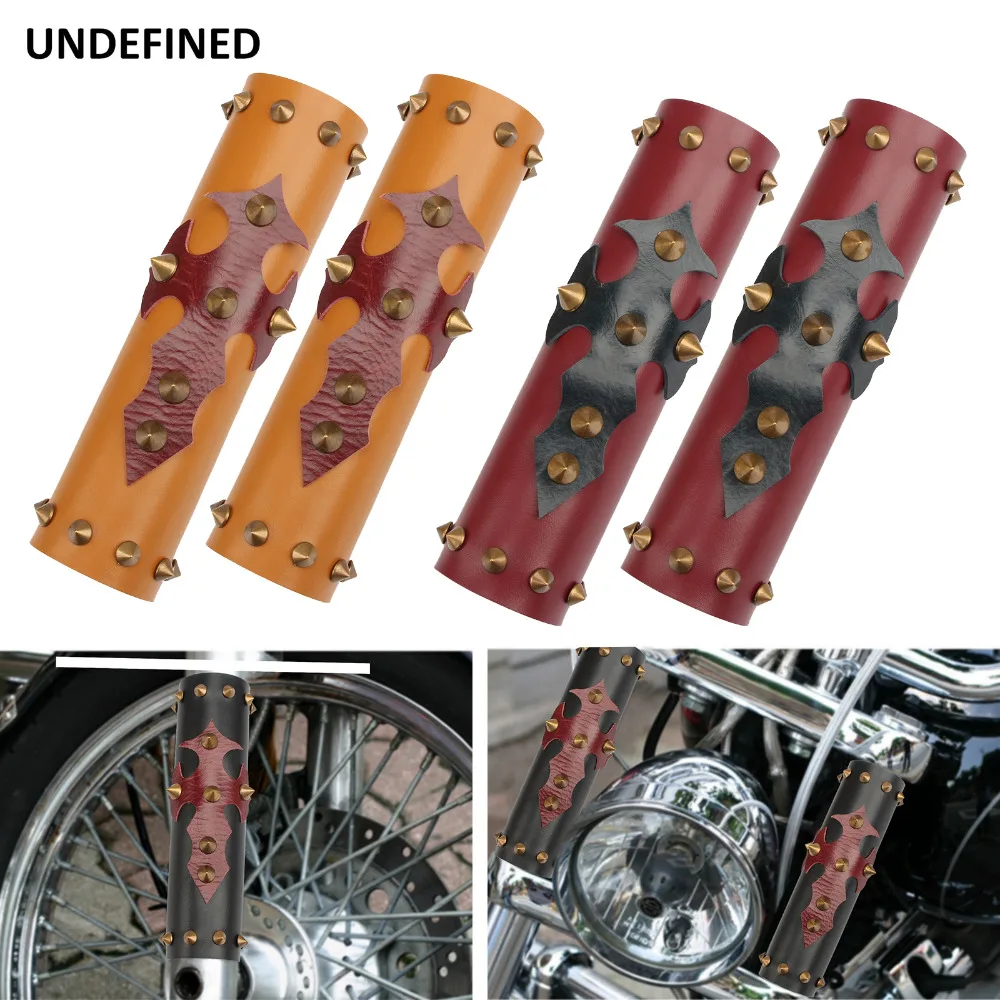 Universal Front Fork Protector Shock Absorber Guard Leather Fork Cover w/ Spikes For Harley