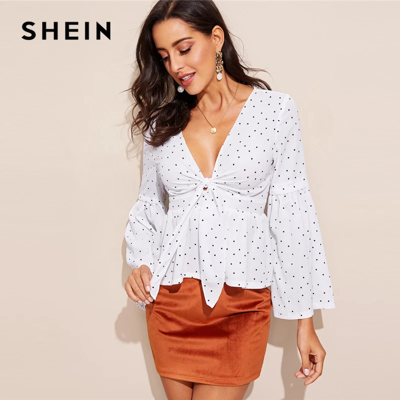 

SHEIN Sexy White Plunging Neck Knot Front Bell Sleeve Slim Fit Top Blouse Women Spring Deep V Neck Flounce Sleeve Top Blouses