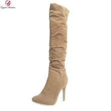 Оригинальные стильные женские сапоги до колена; модные сапоги с острым носком на тонком каблуке; элегантная обувь верблюжьего цвета; женская обувь; большие размеры США 4-15