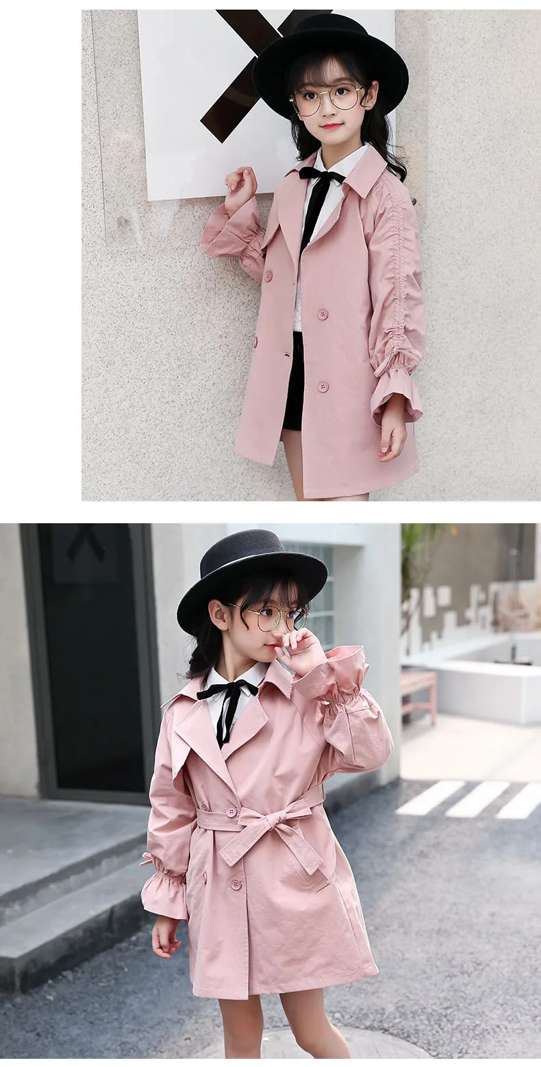 solid belt petal sleeve autumn coats kids clothes new 2018 autumn teenage girls long denim jackets children trench coat clothes  (12)
