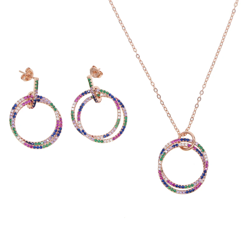 

Rose Gold color double round circle mix colorful CZ women classic jewelry top quality latest new design necklace earring setSuit