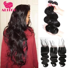 ALITOP Hair Brazilian Hair Weave 3 Bundles With Closure Body Wave 100% Human Hair Bundles With Closure Remy Lace Front Closures