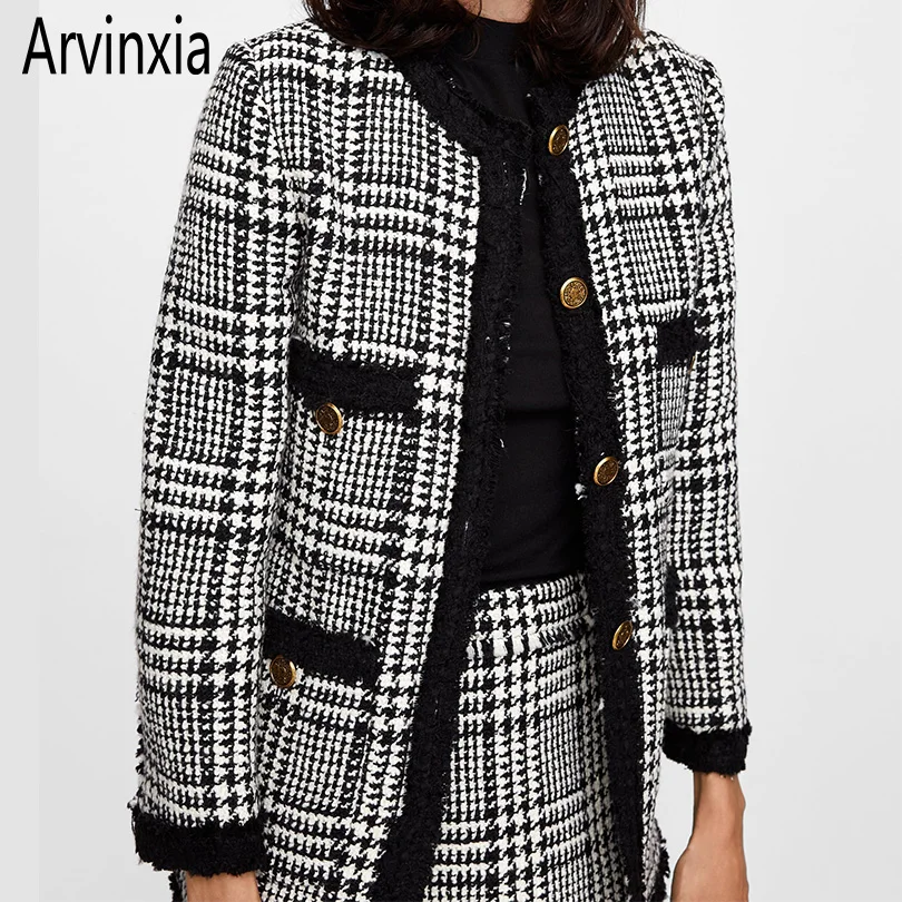 Arvinxia ZA/шикарные женские блейзеры в клетку с длинными рукавами и пуговицами, модные удобные женские пальто с кисточками, новые стильные жакеты с открытой передней частью