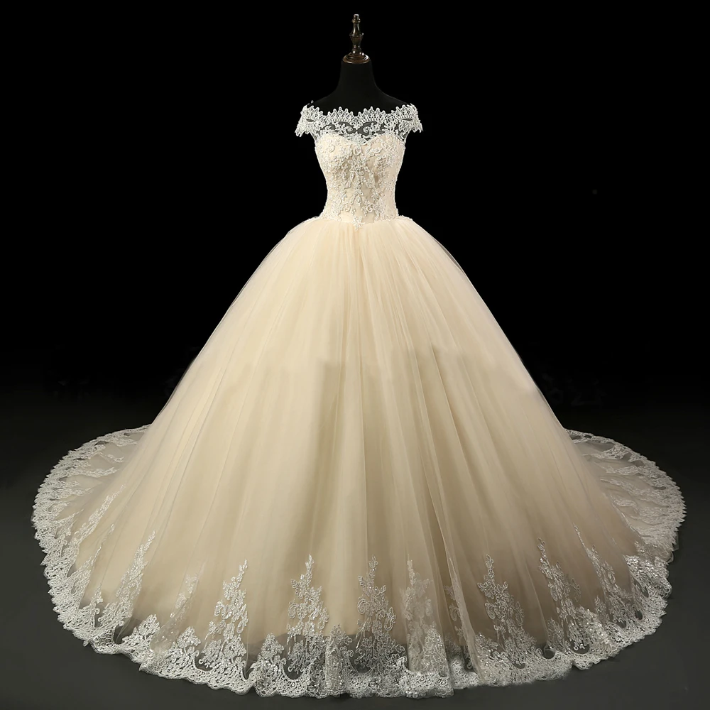 Buy Champagne Lace Bridal Gowns Off Shoulder Boat Neck