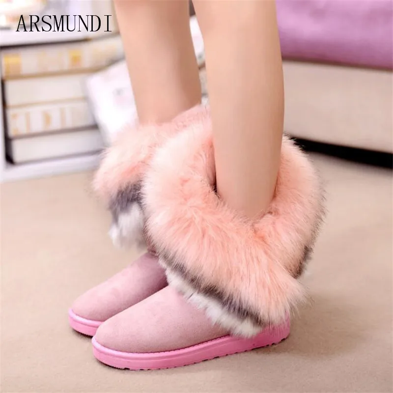 

ARSMUNDI Women Flats Ankle Snow Boots Fur Boots Winter Warm Snow Shoes woman Round-toe Female Flock Leather Women Shoes L431