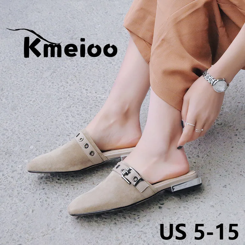 

Kmeioo 2018 US Size 5-15 Home Leisure Shoes Suede Back Without Shoes Low Thick Chunky Heels Mules Shoes Plus Size Shoes Pumps