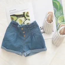 Летние шорты для маленьких девочек Новинка года, корейские модные ковбойские шорты Детские эластичные джинсы с высокой талией для девочек детские джинсы из чистого хлопка