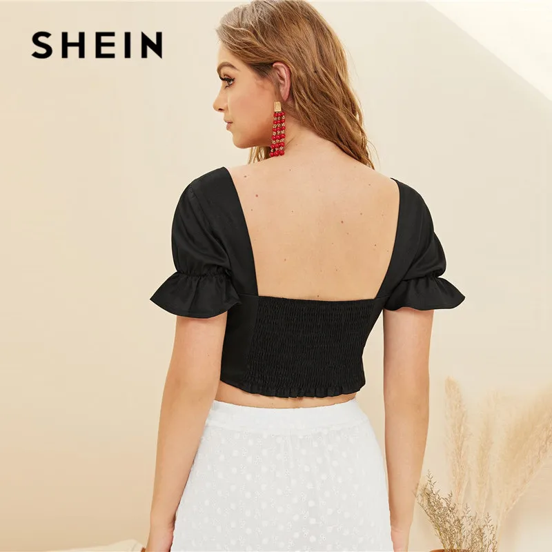 SHEIN черный укороченный топ с бантом спереди и открытой спиной летняя блуза в