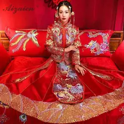 Невесты 2019 китайский стиль женственные платья красная вышивка Cheongsam Длинные платья Chinoise Dragon Phoenix свадебное платье Qipao для женщин
