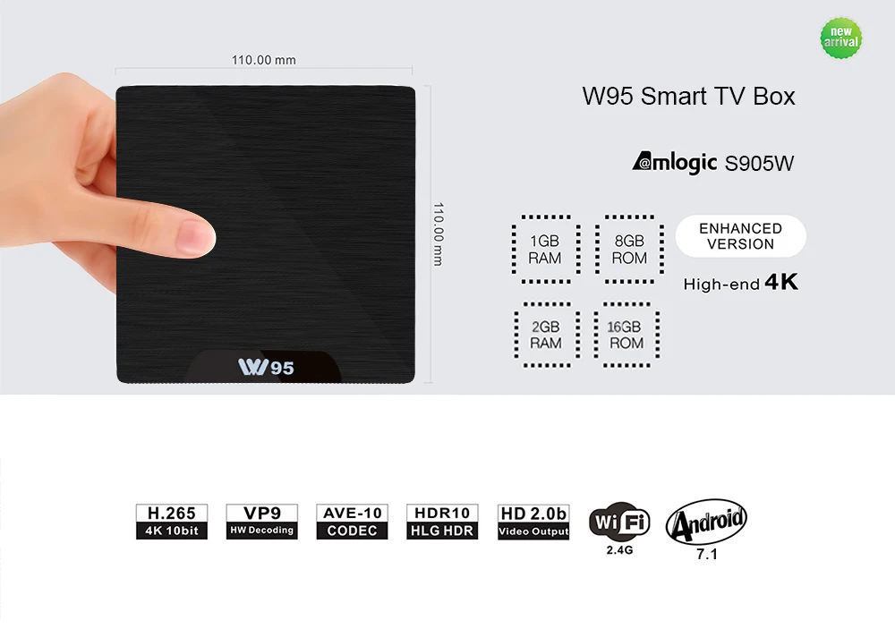 W95 Android 7 1 ТВ Box Amlogic S905W 4 ядра 2 г Wi-Fi H.265 К VP9 Media Player г/ DDR3 Оперативная память 8 г/16 eMMC