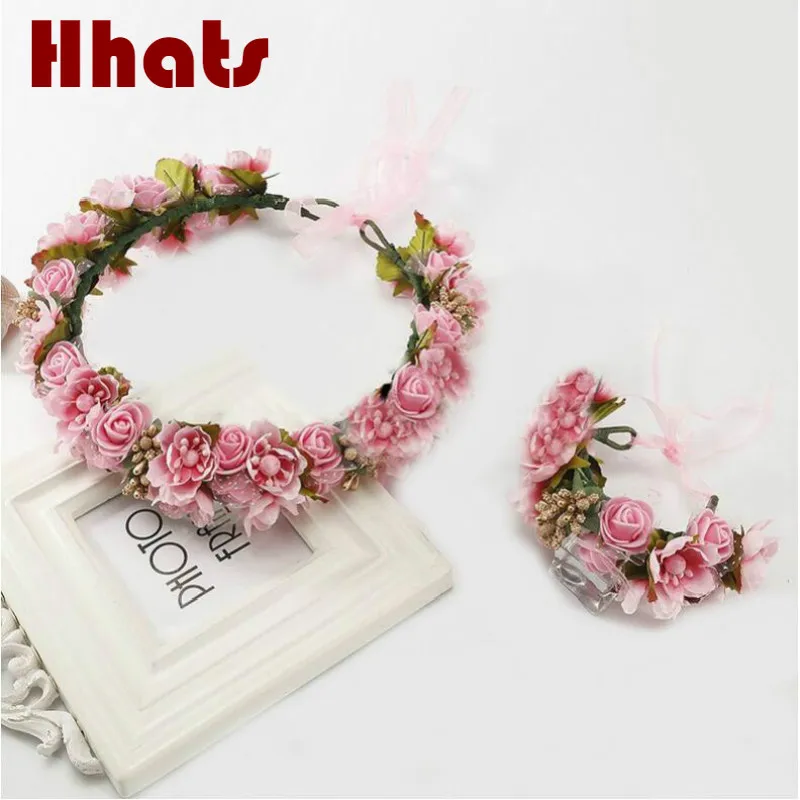 

pretty veil foam flower crown wristband set ribbon adjustable handmade artificial flowers wreath garland bridal hair accessories