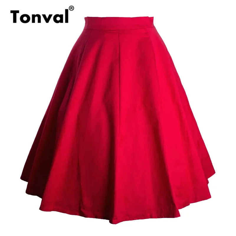 

Tonval High Waist A Line Cotton Solid Vintage Skater Swing Skirts Womens 2019 Pin Up Red Summer Retro Midi Skirt