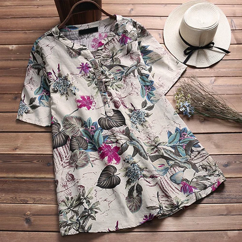 Women Linen Blouse Shirt 2019 Summer Short Sleeve Button Tops Women's V-Neck Floral Printed Casual Loose Shirts Femme Blusas