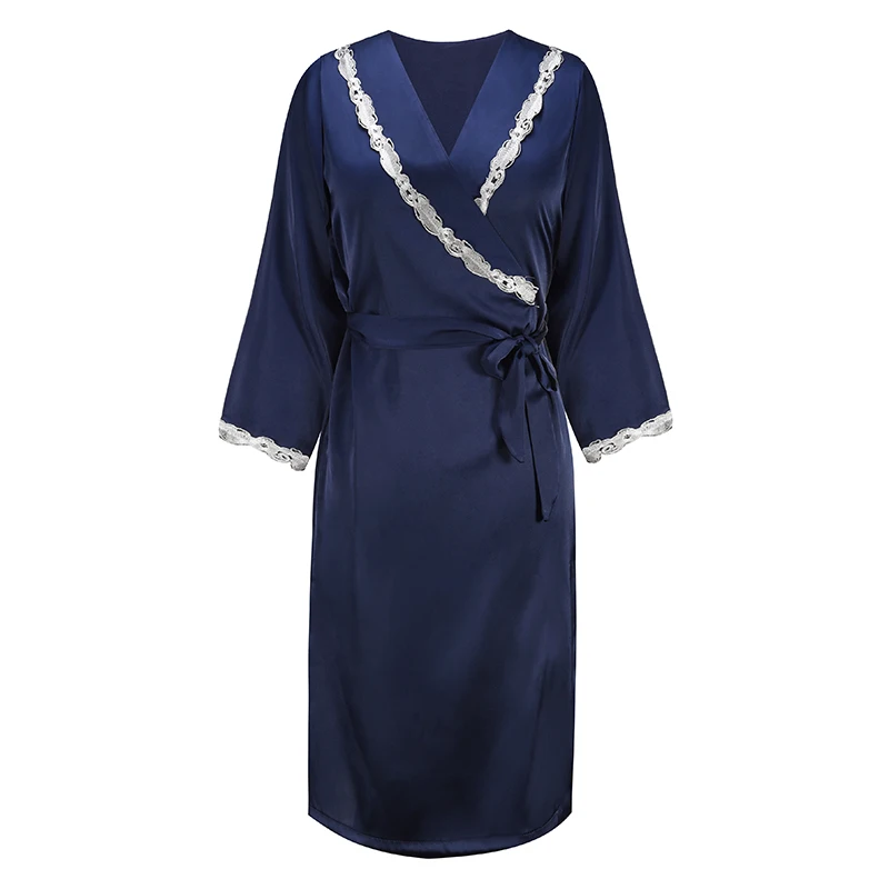 2017 Autumn Silk Long Sleeve Robe Women Bathrobes Sexy Lace V neck