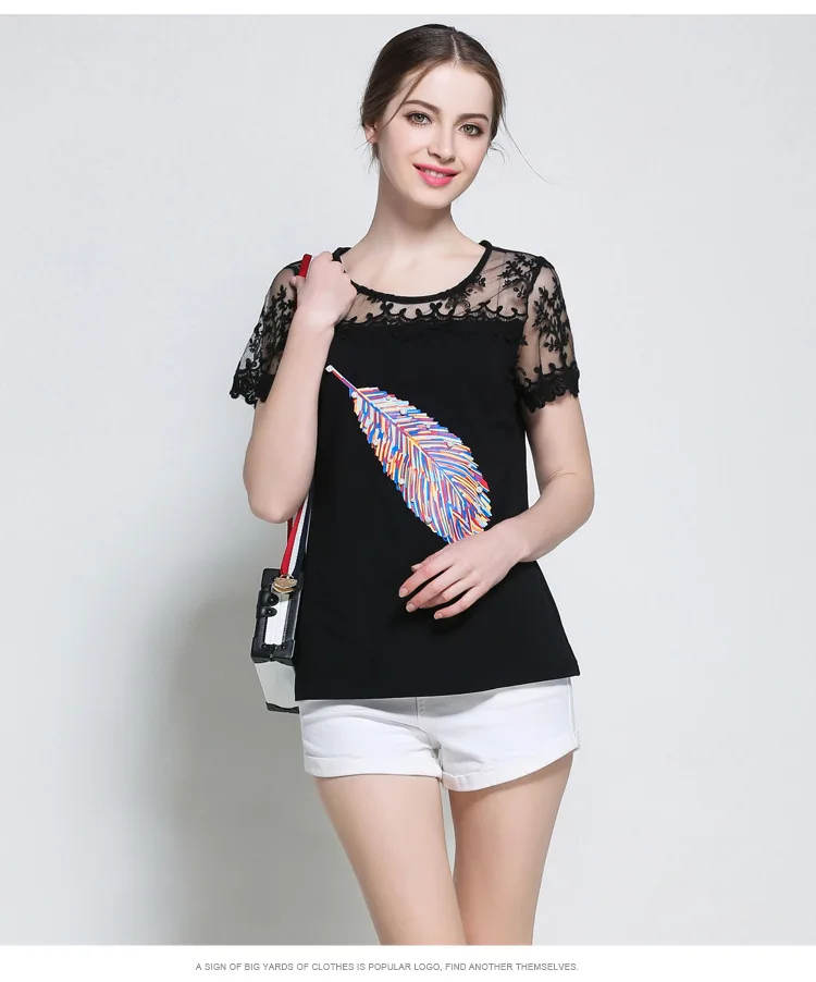 

Kerrilado New Fashion Spring Summer Women Cotta T-shirt Lace Print Beset With Pearls Multicolour Black Gril Shirt AD17