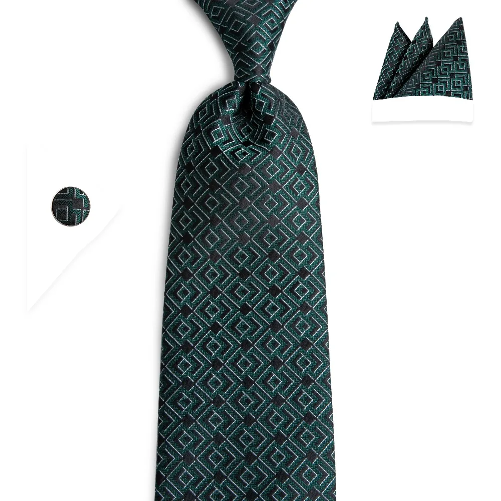 DiBanGu темно-зеленый Для мужчин галстук с карманом Квадратные Запонки Комплект Высокое качество шёлковый жаккардовый тканый Для мужчин