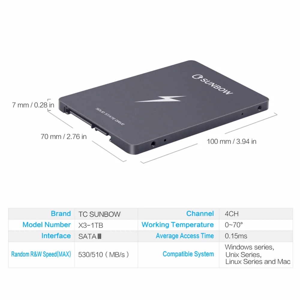 Tcsunbow 1 ТБ 2,5 дюймов SSD SATAIII 6 ГБ/сек. до 560 МБ/с. с 1204 кэш Внутренний твердотельный накопитель для Тетрадь планшетный Настольный ПК