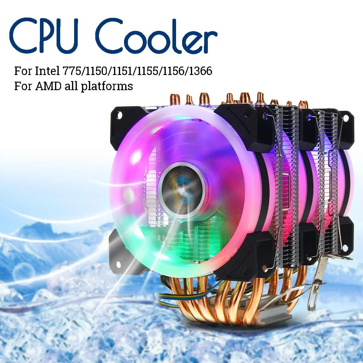 CPU Cooler 6 Heatpipe RGB LED Fan Quiet 4pin CPU Fan Cooling Heatsink CPU Cooling for Intel 775/1150/1151/1155/1156/1366 for AMD