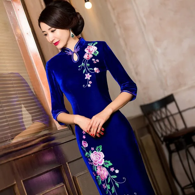 Chinese Traditional Velour Cheongsam Maxi Dress Elegant Women Long Sleeve Side Slit Slim Fit Qipao Party Dress (Black, L