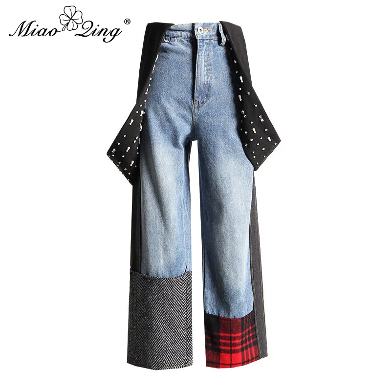 MIAOQING 2018 зимние штаны с высокой талией джинсы для женщин для бисером жемчуг джинсовые комбинезоны лоскутное плед шерсть Свободные