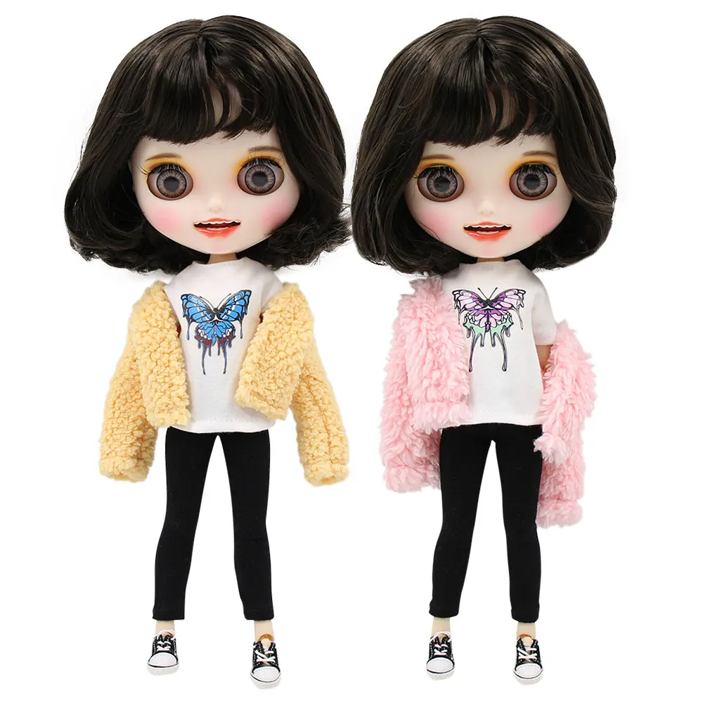 

1/6 bjd factory blyth doll short black hair, new matte face with teeth, white skin joint body 30cm BL950