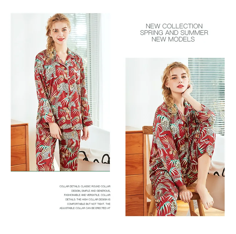 Summer Women Pajamas Sets With Pants Silk Pijama Satin Pyjama Flower Print Nightwear 2 Piece Set Long Sleeve Sleepwear