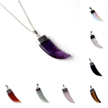 2017 New Natural Stone Necklace Pendant Horn Shape Natural Stones Amethyst Crystals Pendants Jewelry For Women Men Best Gift