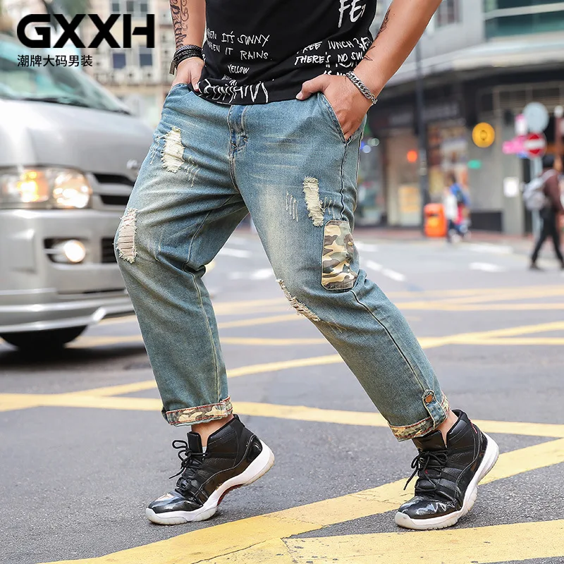 

Men Trendy Jeans 2019 GXXH Spring Summer Men's Big Size Fat Loose Large for Man Holes Trend Jeans Casual Blue Male Denim Pants