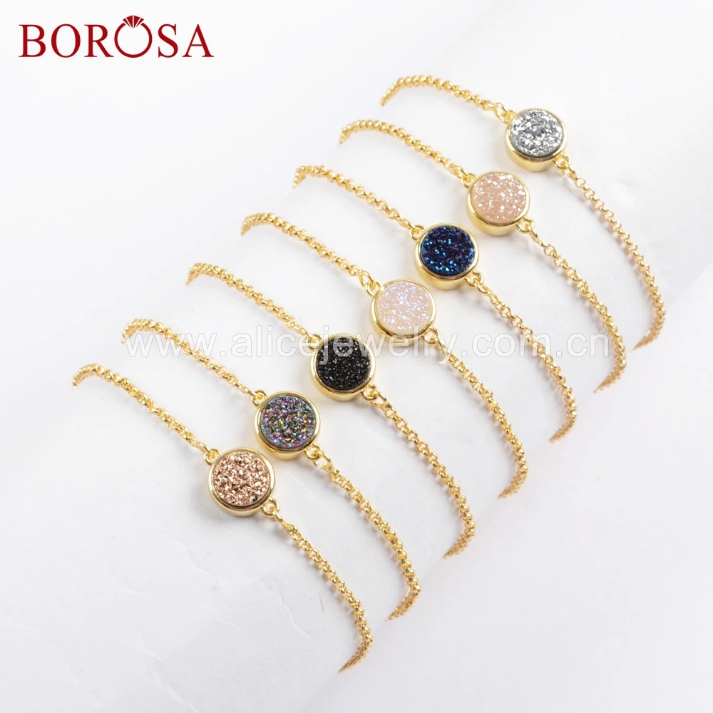 BOROSA 10 шт. 9 дюймов золотой ободок круглой формы радужные друзы браслеты Друза титана Регулируемая цепочка браслет для женщин ZG0367