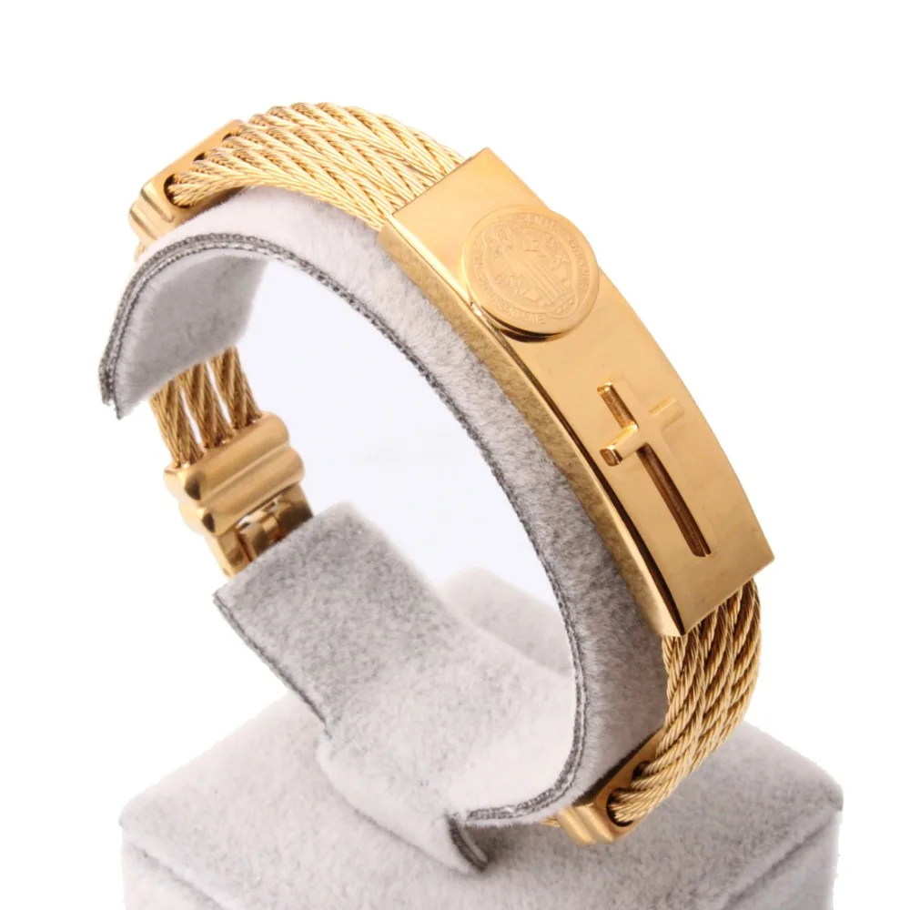 

Fashion Men's Bracelet 3 Rows Wire Chain Stainless Steel Bracelets Bangles Gold Cross Bracelet Men Christian Men Jewelry