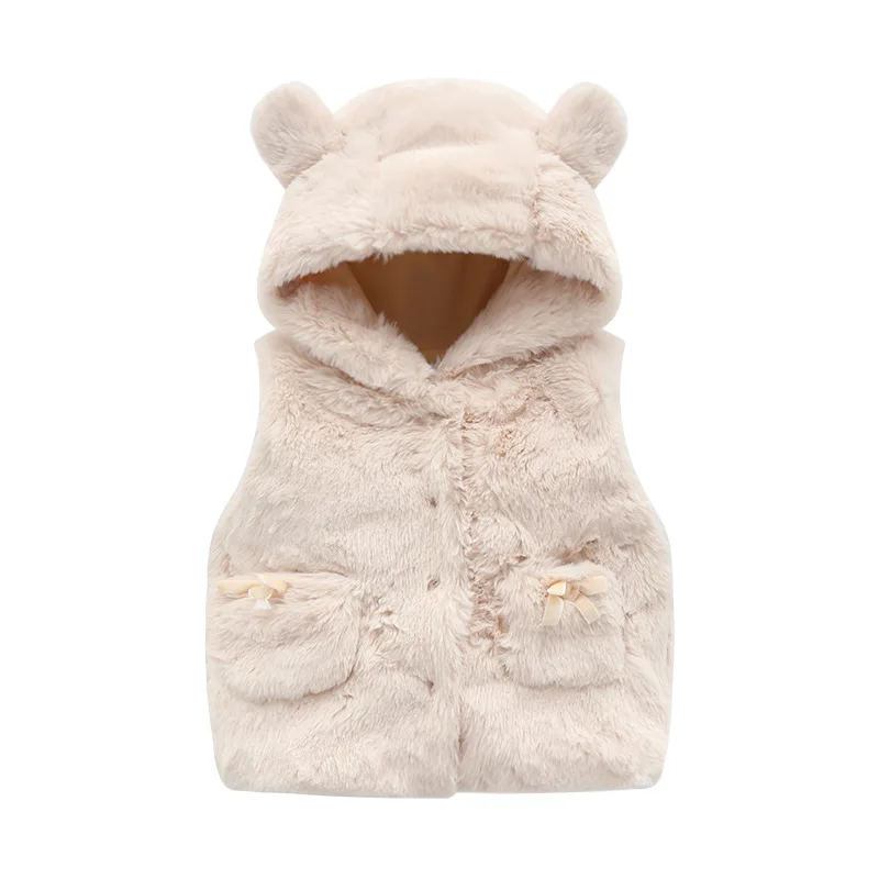 IYEAL/осенне-зимний модный однотонный теплый жилет с капюшоном Детская куртка для маленьких девочек, верхняя одежда, пальто жилет для маленьких девочек с карманом - Цвет: Бежевый