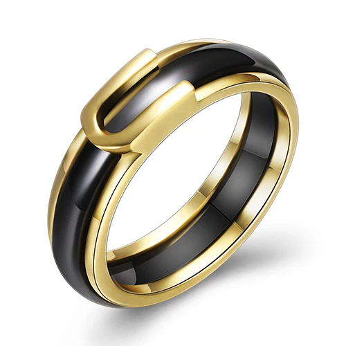 Золотого цвета креативное женское кольцо AAA CZ Кристалл белый черный керамические кольца обручальные кольца модные ювелирные изделия - Цвет основного камня: Черный